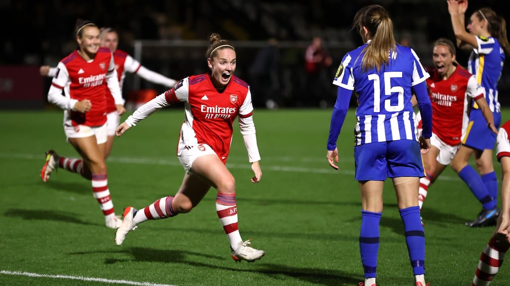 Kim Little of Arsenal celebrates after scoring their side’s first goal during the Vitality Women’s FA Cup semi-final win over Brighton. Photo: Ryan Pierse - The FA/The FA via Getty Images