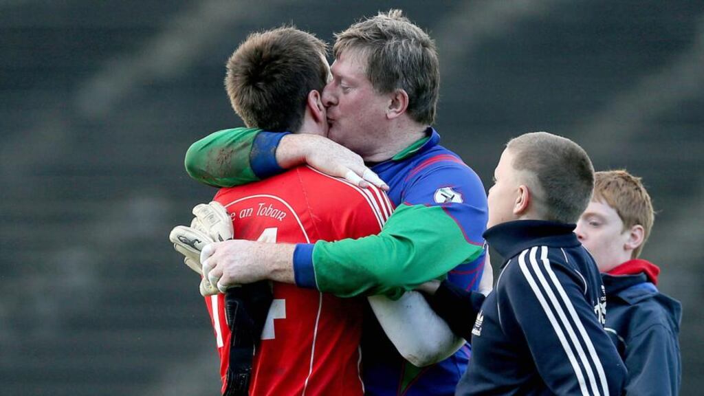 St Brigid’s goalkeeper Shane Curran with Cillian O’Connor of Ballintubber. Photograph: ©INPHO/Donall Farmer