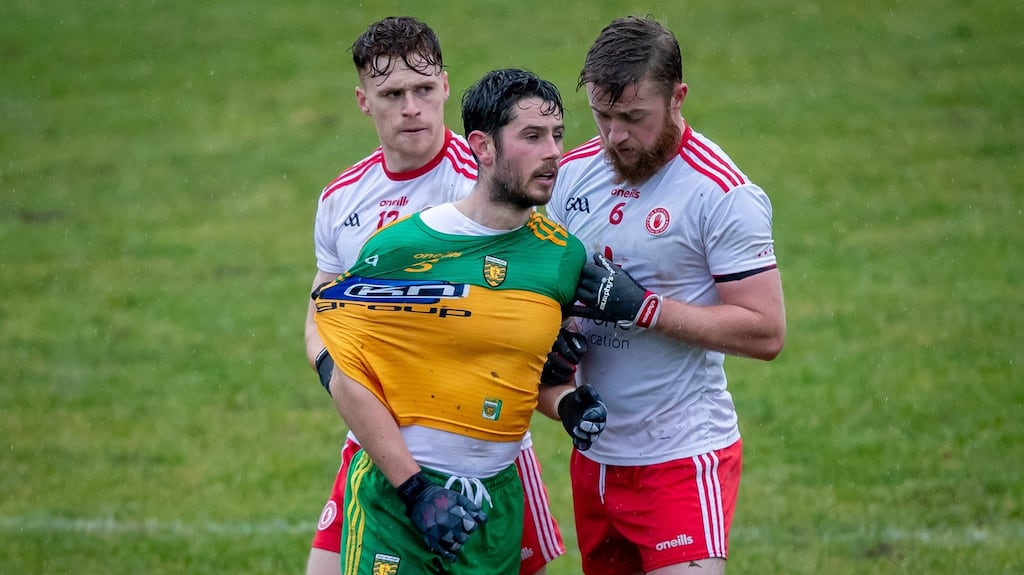Donegal’s Ryan McHugh closely monitored by Tyrone’s Michael O’Neill and Conor Meyler in Ballybofey. On a day when big men featured prominently, in contrast the usually influential McHugh had one of his quietest outings in a Donegal shirt. Photograph: Morgan Treacy/Inpho