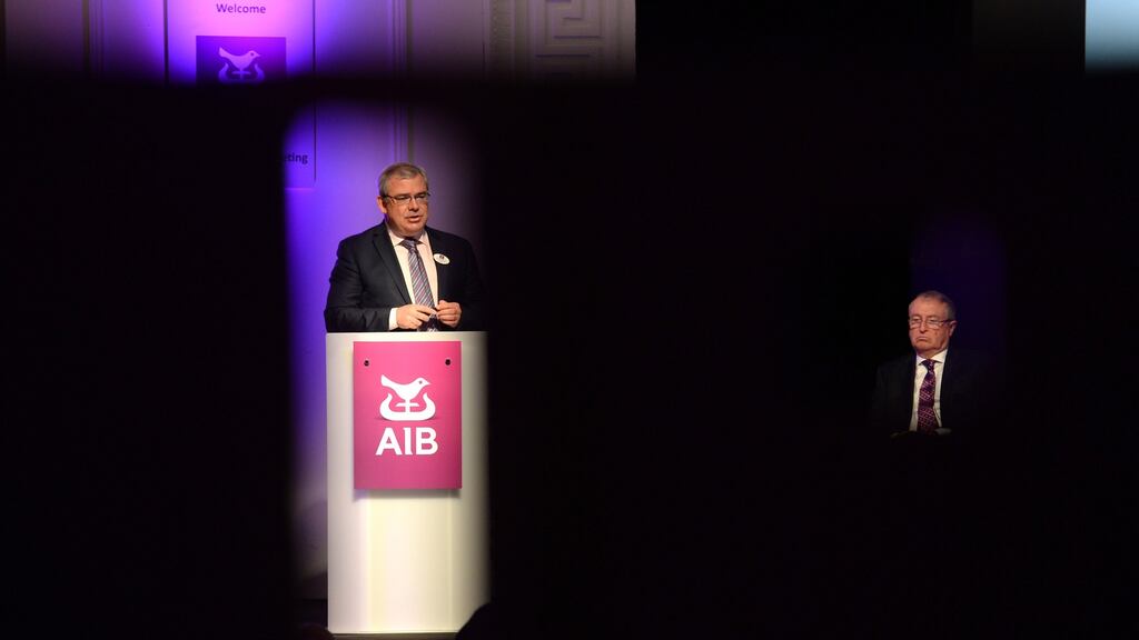 AIB chief executive Bernard Byrne (left), and chairman Richard Pym:  despite toxic publicity around  banks offloading distressed loans to vulture funds and the tracker mortgage scandal, AIB still proposed a share incentive bonus scheme for its executives. Photograph: Dara Mac Dónaill
