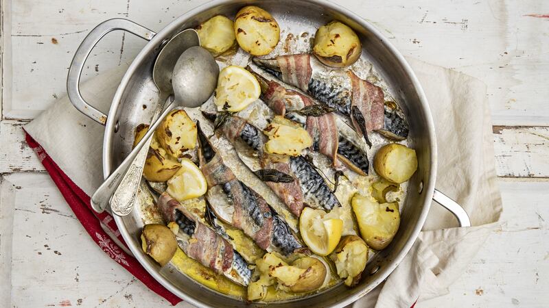 Mackerel with new potatoes, sage and bacon. Photograph: Harry Weir
