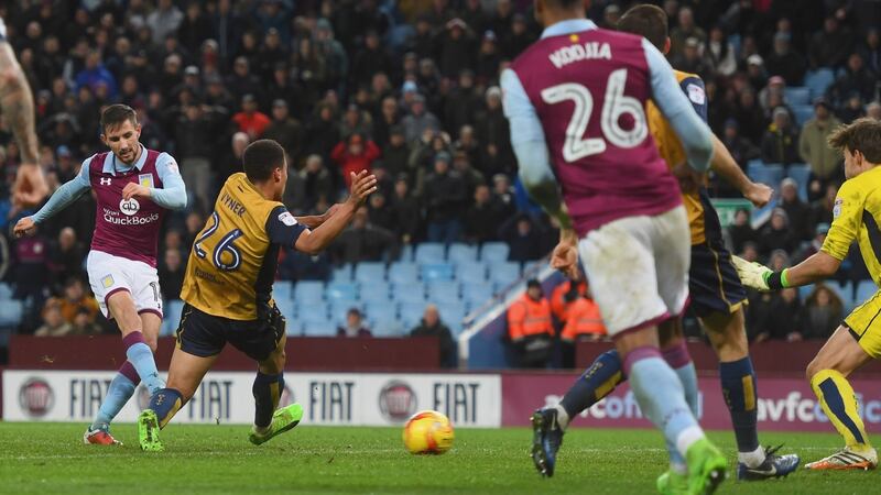 Aston Villa’s Irish midfielder Conor Hourihane scores their second goal during the Championship match against Bristol City at Villa Park. Photograph: Michael Regan/Getty Images
