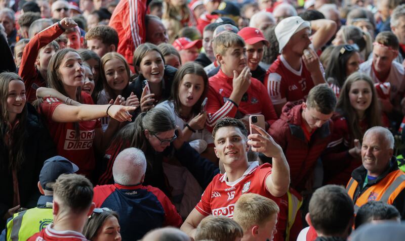 Cork's Brian Hayes takes a selfie with supporters after the Munster SHC final. Photograph: Laszlo Geczo/Inpho