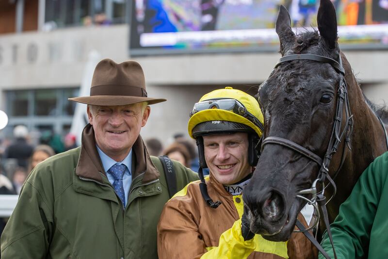 Trainer Willie Mullins and jockey Paul Townend with Galopin Des Champs after winning The Paddy Power Irish Gold Cup (Grade 1). Photograph: Morgan Treacy/Inpho