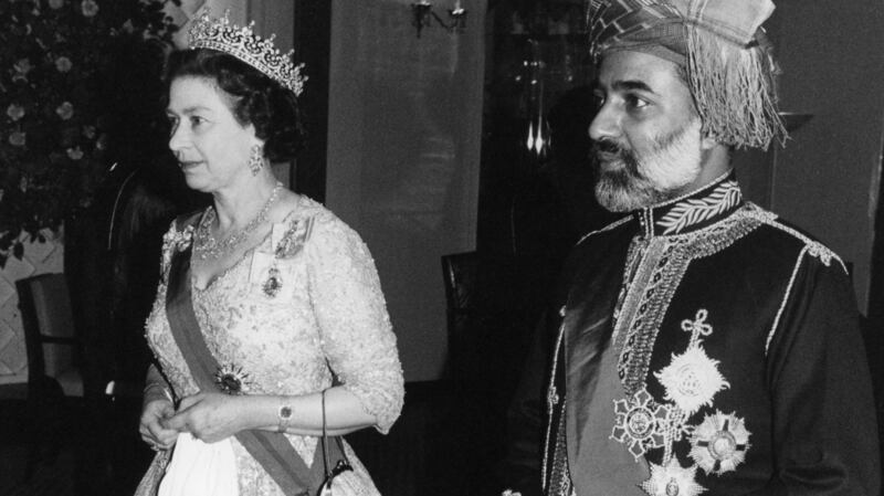 Queen Elizabeth II and Sultan Qaboos Bin Said of Oman leaving Claridge’s Hotel after a banquet held in his honour in 1982. Photograph: PA Wire