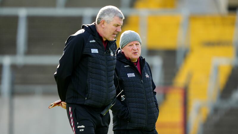Cork selector Kevin Walsh and manager John Cleary during their sides' league match against Kildare earlier this month. Photograph: James Lawlor/Inpho