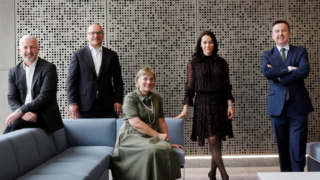 Pictured at the launch of the awards are judging panel members (L-R): Joe Duffy, chair, Executive Board, Financial Services Ireland; David Dalton, head of Financial Services, Deloitte Ireland; Julie Sinnamon, CEO, Enterprise Ireland; Mai Santamaria, head of the Financial Advisory Team, Department of Finance; and Brian Hayes, CEO, Banking & Payments Federation Ireland.