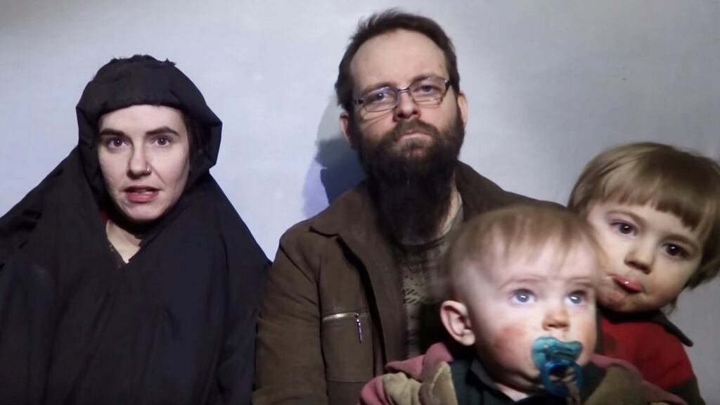 A still image from a video posted by the Taliban on social media in December 2016 of American Caitlan Coleman, her Canadian husband Joshua Boyle, and their two sons. Photograph: Handout/Reuters