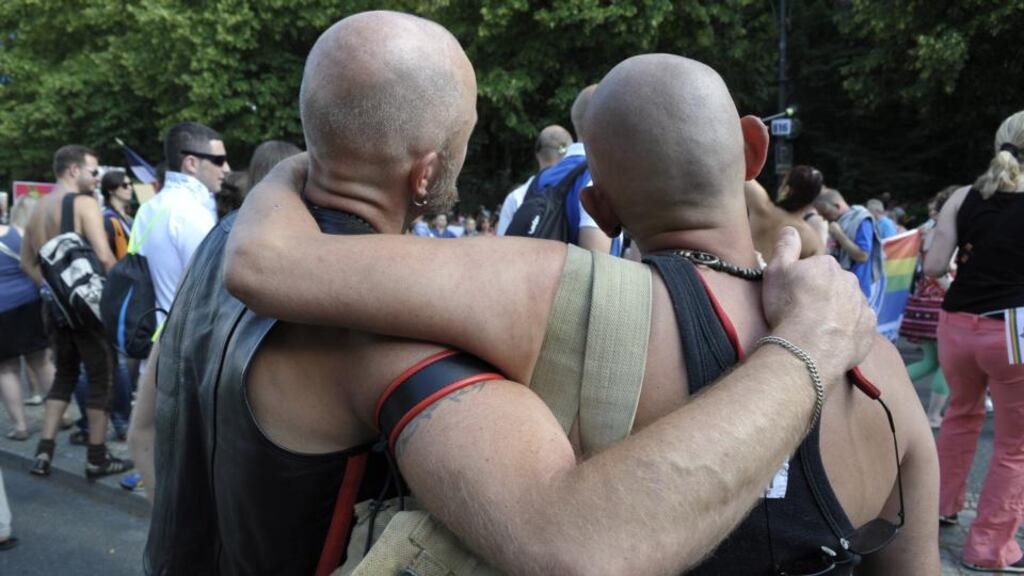 A gay couple attend a street demonstration in Berlin. Photograph: Snapshot Photography/Ullstein/Getty Images
