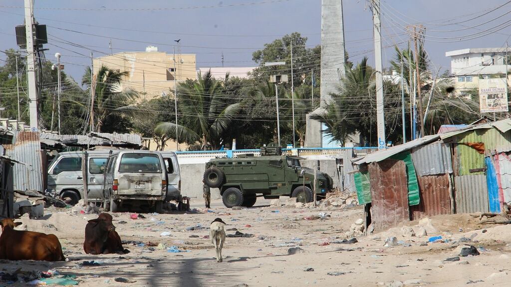 Somali military seal off a road near the presidential palace in Mogadishu on Friday. Photograph: Said Yusuf Warsame/EPA