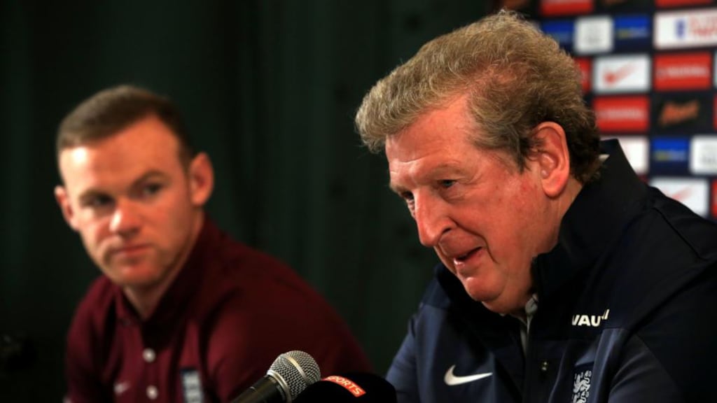 England captain Wayne Rooney and manager Roy Hodgson talk to the press about their forthcoming World Cup qualifying game against Lithuania. Photograph: Nick Potts/PA Wire