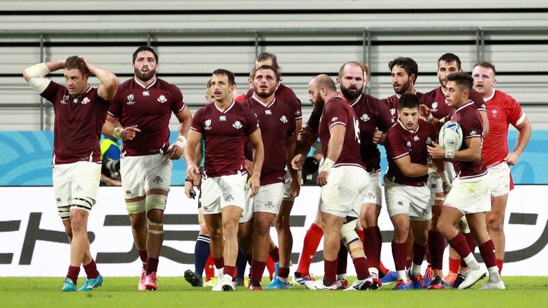 Georgia celebrate Levan Chilachava’s second-half score against Wales. Photograph: Adam Pretty/Getty