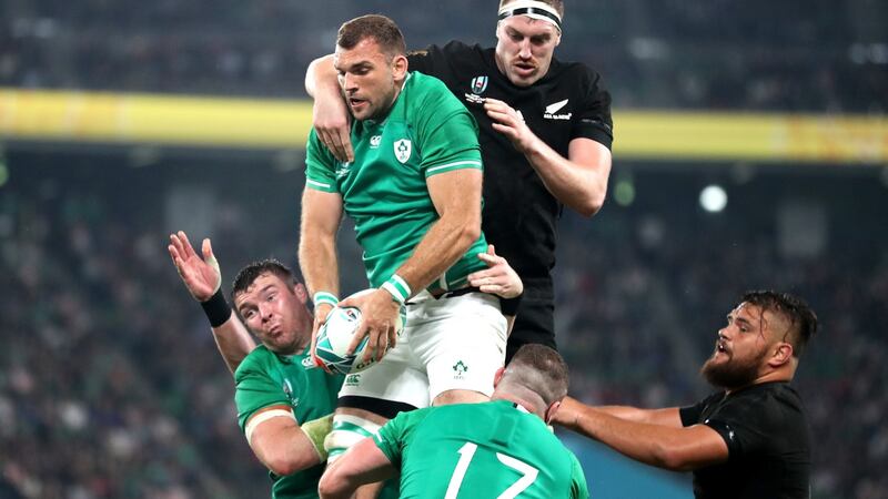 Tadhg Beirne claims a lineout ahead of New Zealand’s Brodie Retallick during the Rugby World Cup quarter-final in Tokyo. Photograph: Hannah Peters/Getty Images