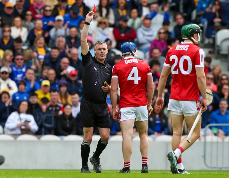 James Owens sends Cork’s Sean O’Donoghue off. Photograph: Ken Sutton/Inpho