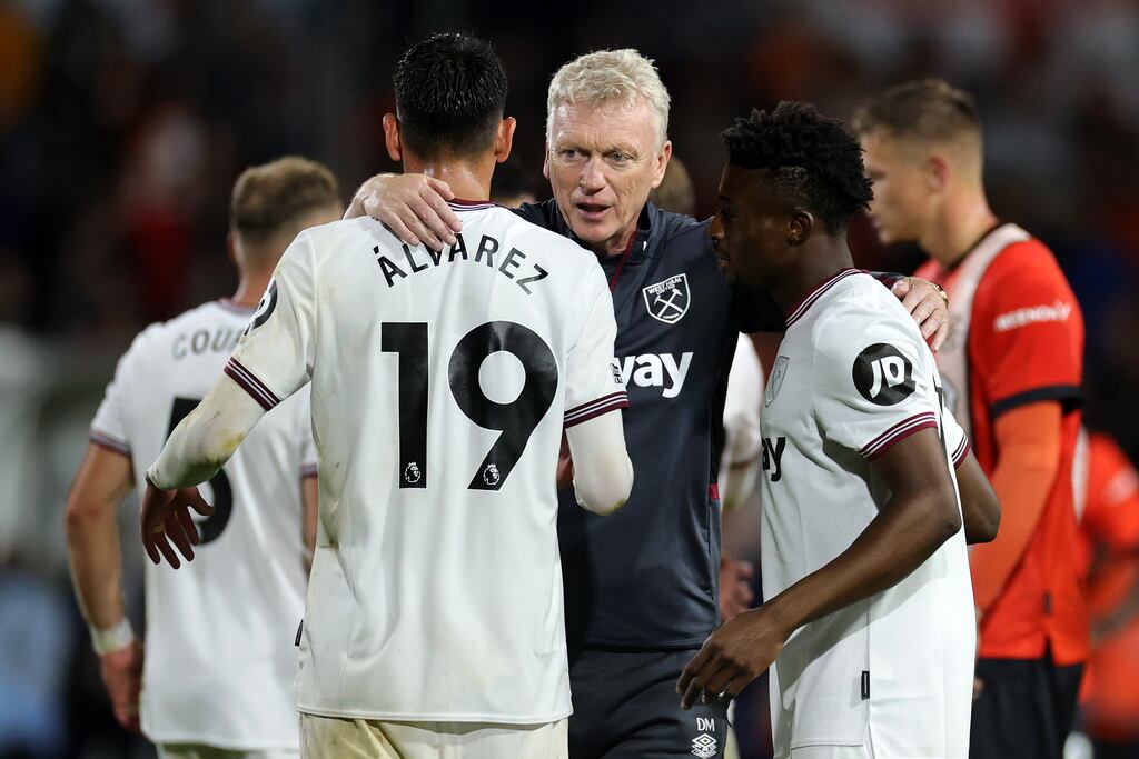 West Ham boss David Moyes with Edson Alvarez and Mohammed Kudus after the Hammers beat Luton Town at the beginning of September. File photograph: Getty Images