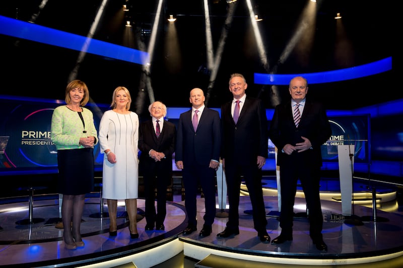 TV debate with candidates of the 2018 presidential election: Then-senator Joan Freeman, MEP Liadh Ni Riada, President Michael D Higgins, Sean Gallagher, Peter Casey and Gavin Duffy. Photograph: Tom Honan/ The Irish Times