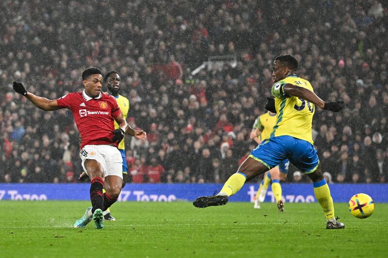 Anthony Martial scores Manchester United's second against Notts Forest. Photograph: Oli Scarff/AFP via Getty Images