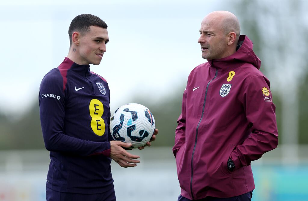 England's Phil Foden and Lee Carsley during a training session at St George's Park ahead of their Uefa Nations League fixture against Greece. (Photograph: Eddie Keogh/FA/Getty Images