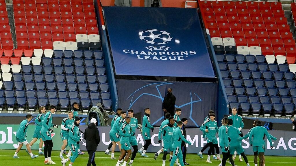 Real Madrid players  training  at  Parc des Princes stadium in Paris  on the eve of their  Champions League round-of-16 first leg  match against  Paris Saint-Germain, Photograph: Franck Fife/AFP via Getty Images