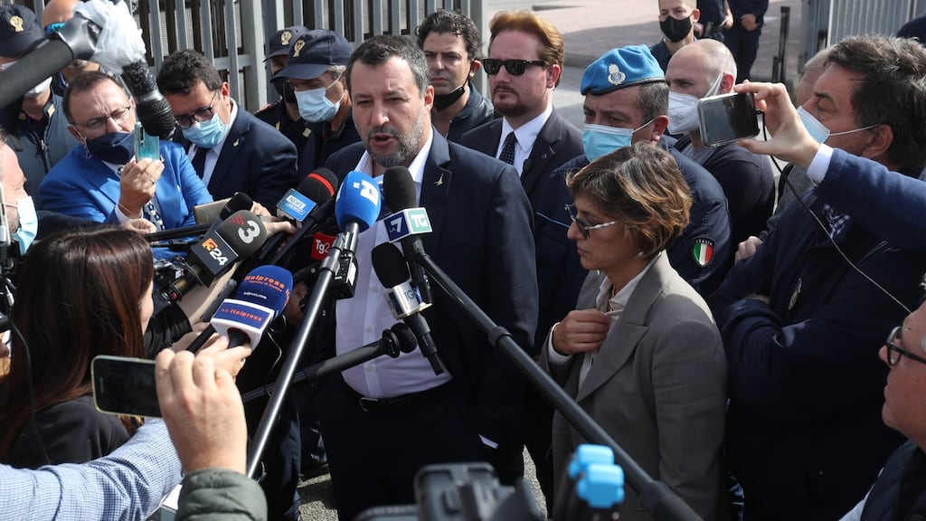 Matteo Salvini, flanked by his lawyer Giulia Bongiorno (right), meets journalists in front of the bunker of the Pagliarelli prison after a hearing on the Open Arms trial in Palermo, Sicily. Photograph: Igor Petyx/EPA