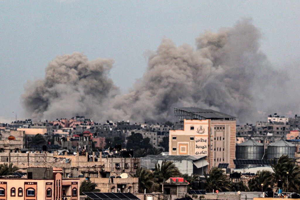Smoke rises over buildings in Khan Younis following an Israeli bombardment on Monday as fighting continues between Israel and Hamas. Photograph: Said Khatib/Getty Images