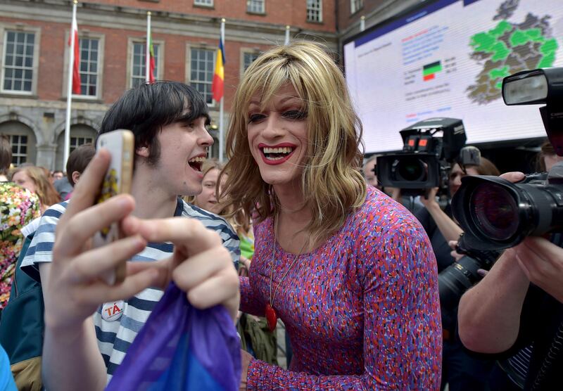 Panti Bliss poses for a selfie as the results come in. Photograph: Charles McQuillan/Getty