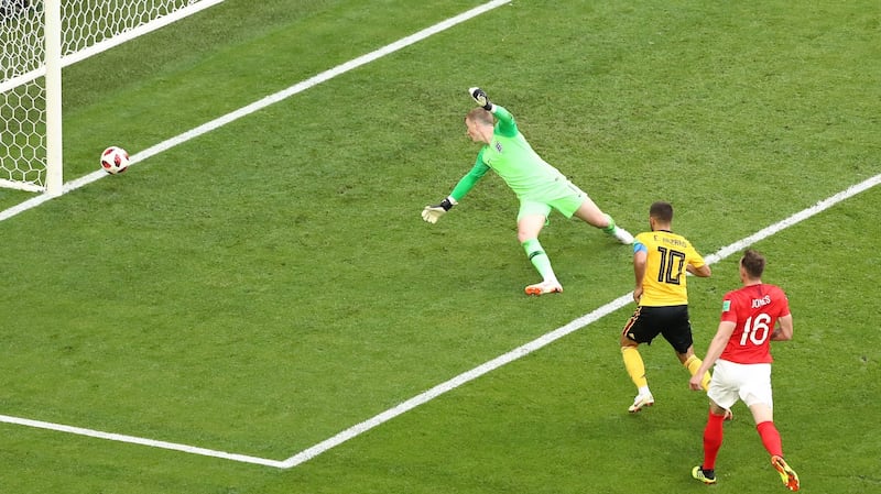 Eden Hazard scores Belgium’s crucial second goal against England. Photograph: Tim Goode/PA