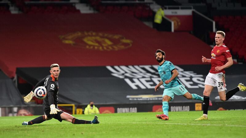 Mohamed Salah scores Liverpool’s fourth. Photo: Peter Powell/POOL/AFP via Getty Images