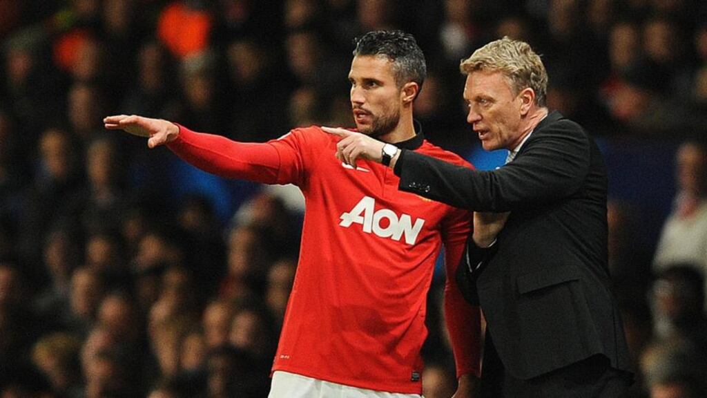Manchester United manager David Moyes, right, recently reacted angrily when it was suggested by pundit Mark Lawrenson that Robin van Persie, left, had asked for a move, the manager branding it as nonsense. Photograph: Peter Powell/EPA