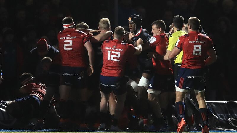 A fight breaks out between Saracens and Munster players. Photo: Adam Davy/PA Wire.