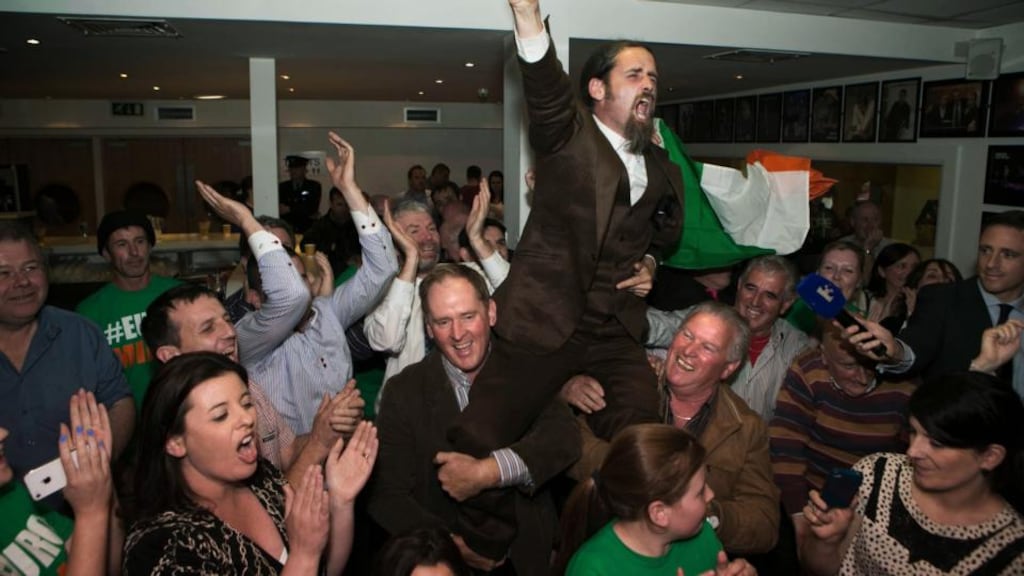Number one: Luke ‘Ming’ Flanagan celebrates with supporters after his election to the European Parliament. Photograph: Keith Heneghan