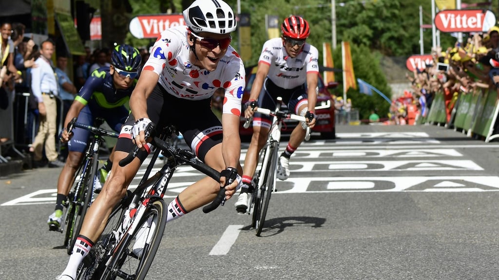 France’s Warren Barguil, wearing the best climber’s polka dot jersey, celebrates after crossing the finish line during stage 13 of the 104th edition of the Tour de France. Photo: Philippe Lopez/Getty Images