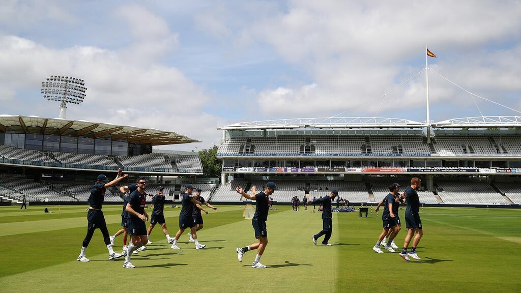 The England team warm up ahead of the Test match against Ireland at Lord’s. Photo: Julian Finney/Getty Images