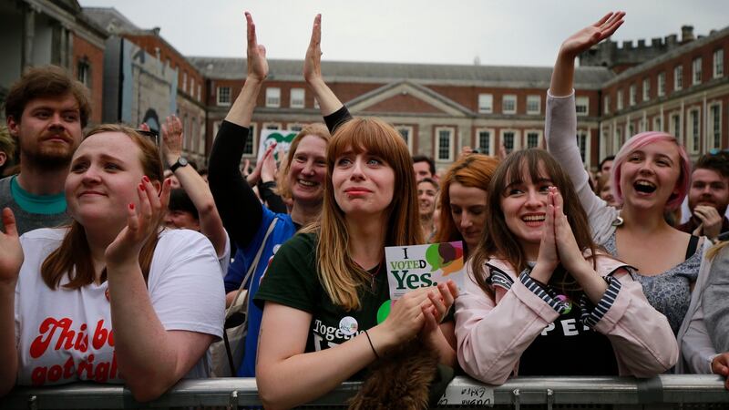 There were tears of joy shed in Dublin Castle on Saturday as the gathered crowd celebrated the Yes vote in the referendum on the Eighth Amendment. Photograph: Nick Bradshaw/The Irish Times