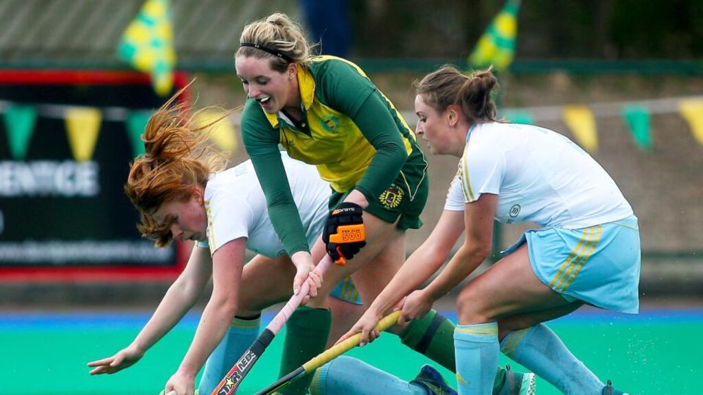 Recent women’s Irish Hockey League final opponents Gillian Pinder of UCD and Railway Union’s Kate Dillon will join forces on the Ireland squad for the upcoming three-Test series against India at Belfield. Photograph: Kevin Scott/Inpho/Presseye