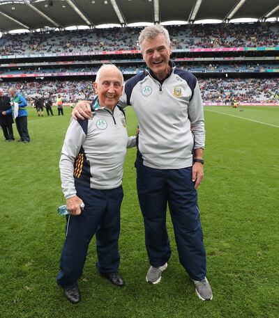 Meath selector Seán Boylan and manager Colm O’Rourke celebrate the county's Tailteann Cup success at Croke Park. Photograph: Bryan Keane/Inpho