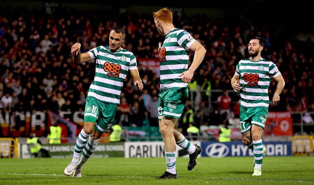 Shamrock Rovers’ Graham Burke celebrates scoring his side’s first goal from a penalty during the SSE Airtricity League Premier Division game at St Patrick's Athletic at Tallaght Stadium. Photograph: Ryan Byrne/Inpho