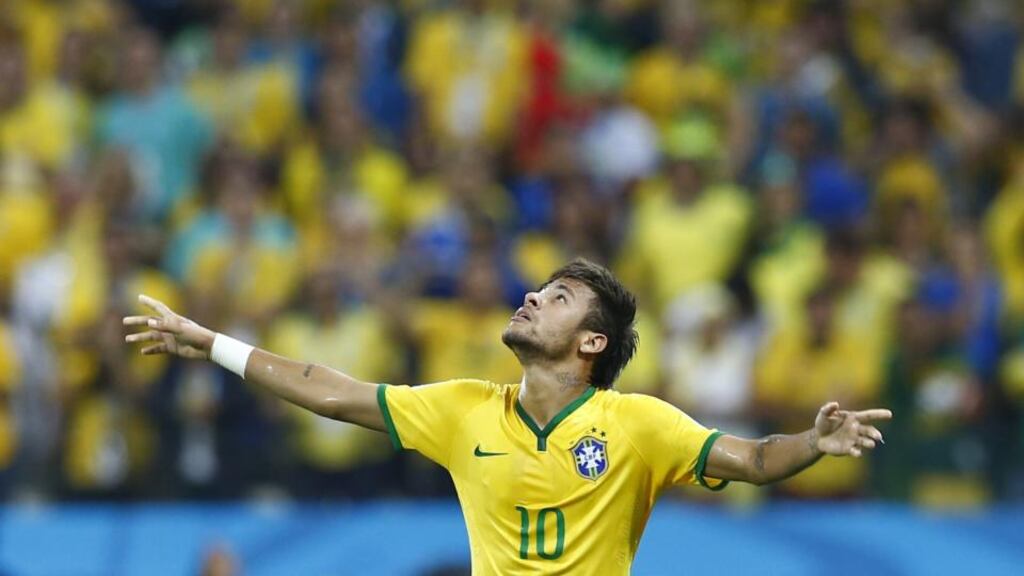Neymar celebrates his opening goal against Croatia. Photograph: Murad Sezer/Reuters