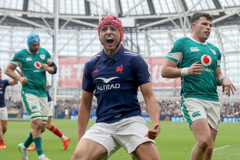 Louis Bielle-Biarrey celebrates after scoring France's first try against Ireland. Photograph: Paul Faith/AFP via Getty Images