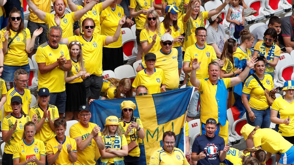 Sweden fans before the match  against Thailand in Nice, France, in the   women’s World Cup. Photograph:   Reuters/Jean-Paul Pelissier