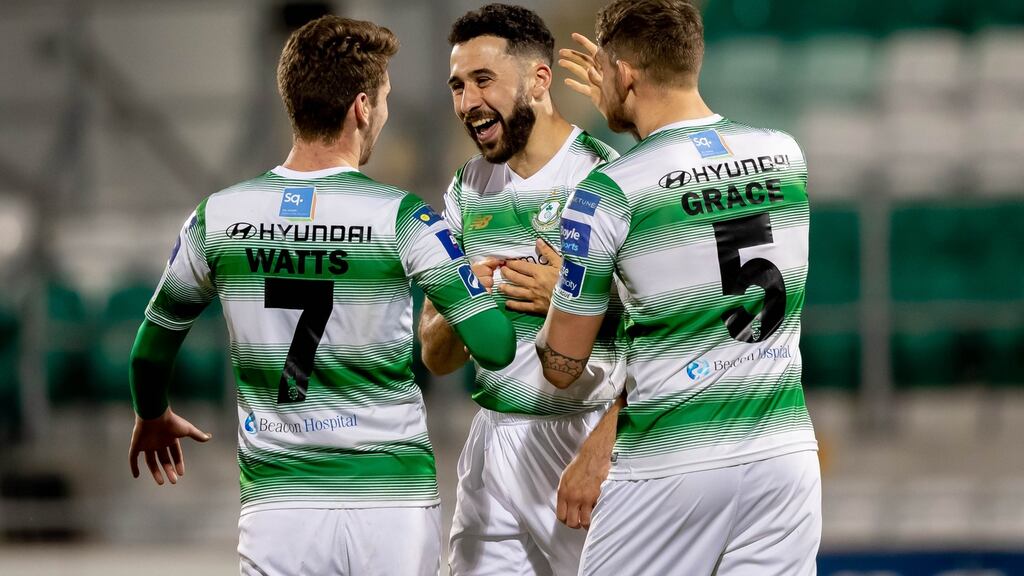 Roberto Lopes celebrates scoring Shamrock Rovers’ second goal with team-mates Lee Grace and Dylan Watts during the SSE Airtricity League Premier Division match against Waterford at Tallaght Stadium. Photograph: Morgan Treacy/Inpho