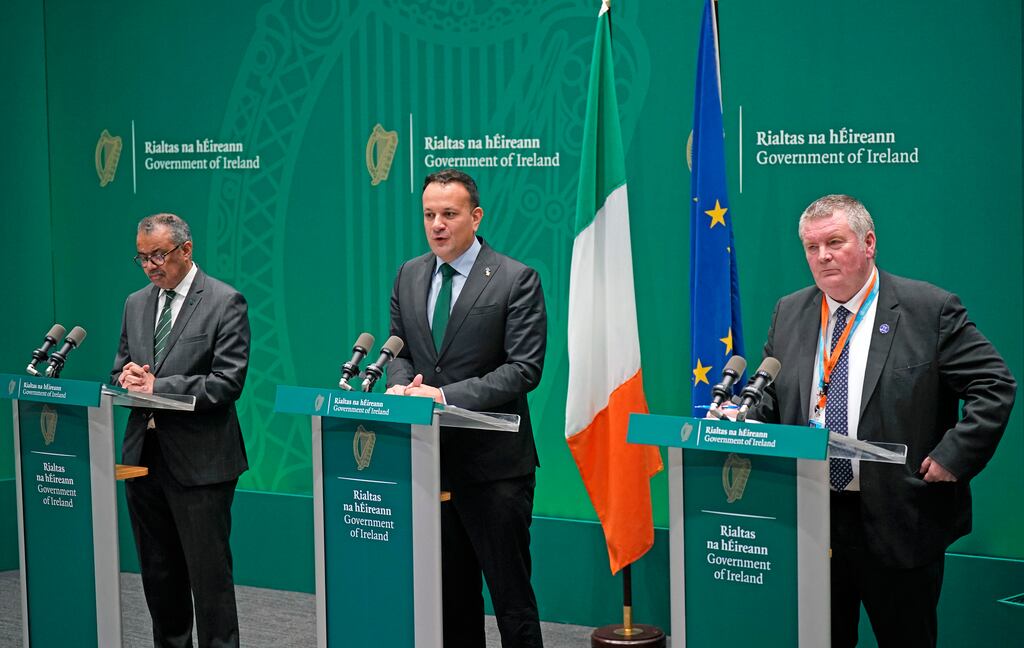 WHO director general Dr Tedros Ghebreyesus, Taoiseach Leo Varadkar and  Dr Mike Ryan, WHO executive director, during a press conference at Government Buildings in Dublin. Photograph: Covid/PA Wire