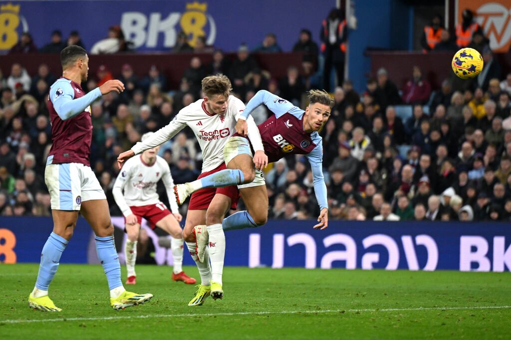 Scott McTominay heads home Manchester United's winning goal during the Premier League match against Aston Villa at Villa Park. Photograph: Shaun Botterill/Getty Images