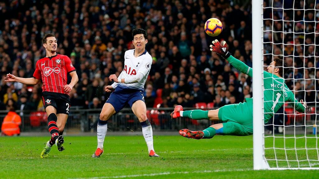 Tottenham Hotspur’s Son Heung-Min (C) scores his team’s third goal during the Premier League win over Southampton. Photo: Ian Kington/Getty Images