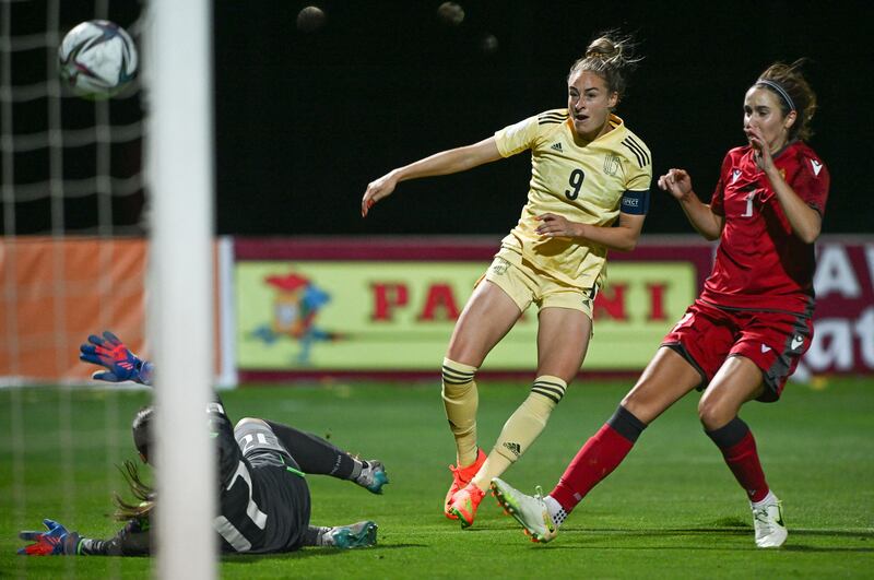 Belgium's Tessa Wullaert (left) scores a goal during the World Cup qualifier against Armenia in Yerevan on TUesday night. Photograph: David Catry/Belga Mag/AFP via Getty Images