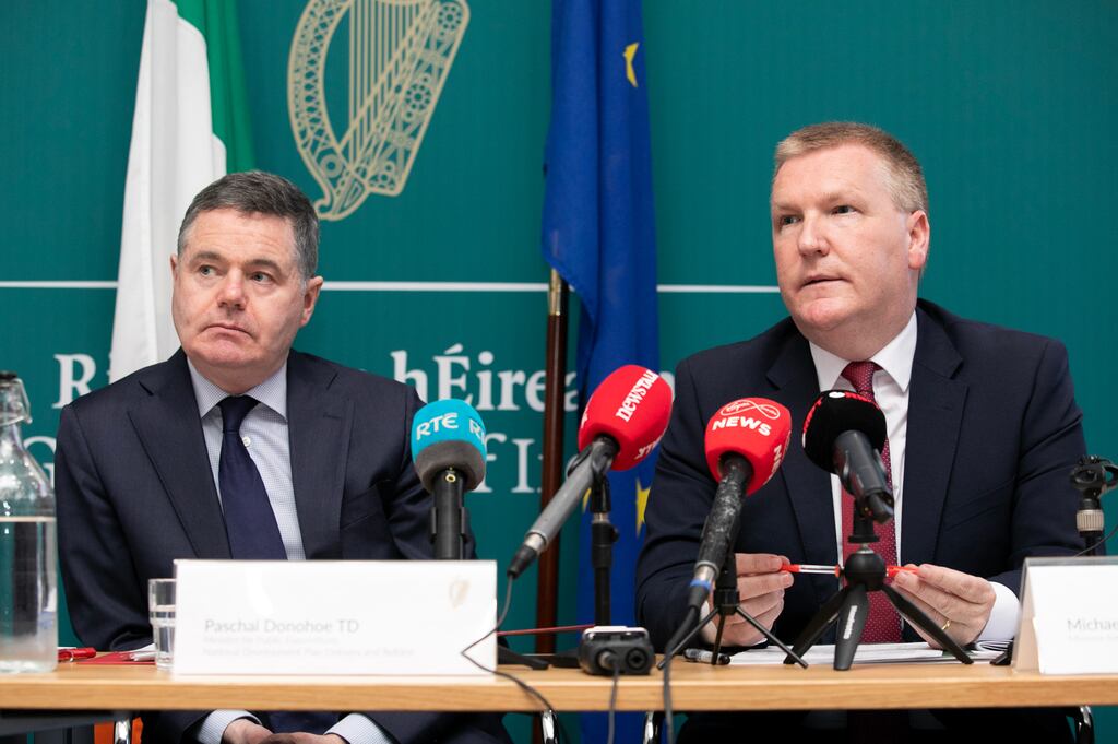 Minister for Public Expenditure Paschal Donohoe and Minister for Finance Michael McGrath during a press conference on Thursday to mark the publication of end-year exchequer returns for 2023. Photograph: Gareth Chaney/Collins