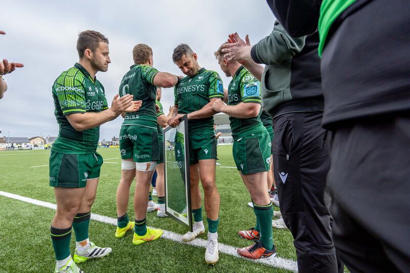 Connacht’s Tiernan O’Halloran bids an emotional farewell to the fans and team-mates at Dexcom Stadium. Photograph: Morgan Treacy/Inpho