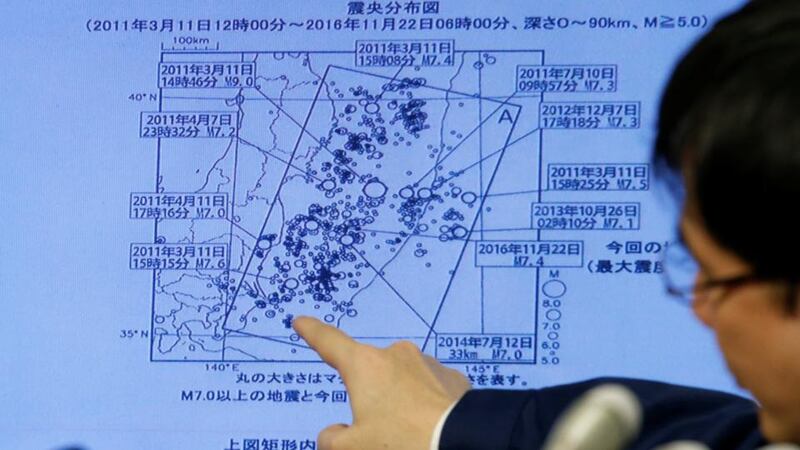 Japan Meteorological Agency’s earthquake and volcano observations division director Koji Nakamura points at a map showing earthquake information during a news conference in Tokyo, Japan November 22nd, 2016. Photograph: Toru Hanai/Reuters