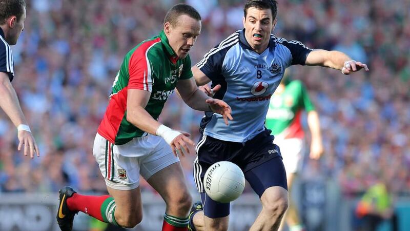 Michael Darragh Macauley and Mayo’s Andy Moran at the All-Ireland football final last Sunday. Photograph: Lorraine O’Sullivan/Inpho