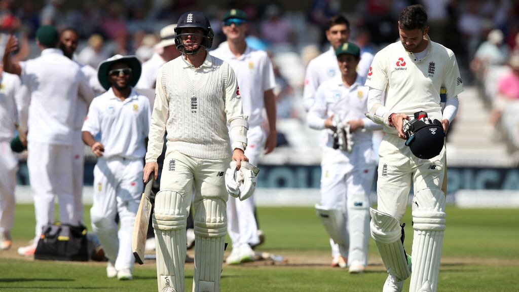 England’s Liam Dawson and James Anderson walk off after the last wicket during day four of the Second Investec Test match at Trent Bridge, Nottingham. Photograph: PA